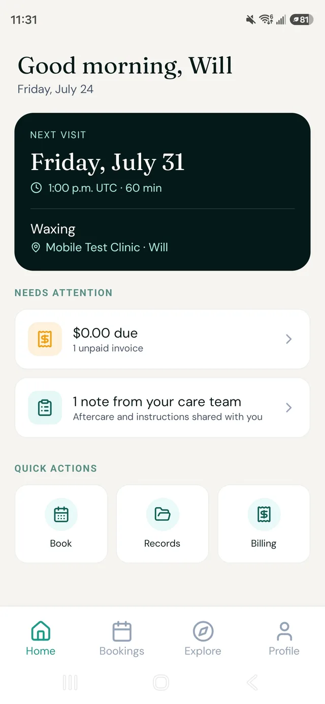 The Zdrovia app home screen showing your next visit and quick actions